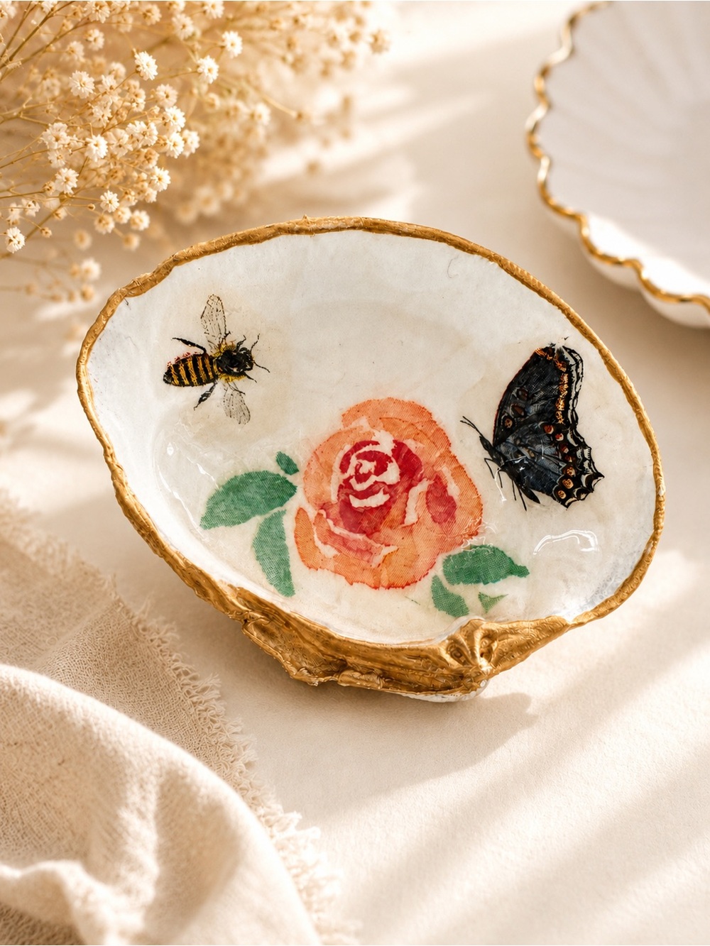 Handmade Gold Rim Floral Bee & Butterfly Trinket Dish